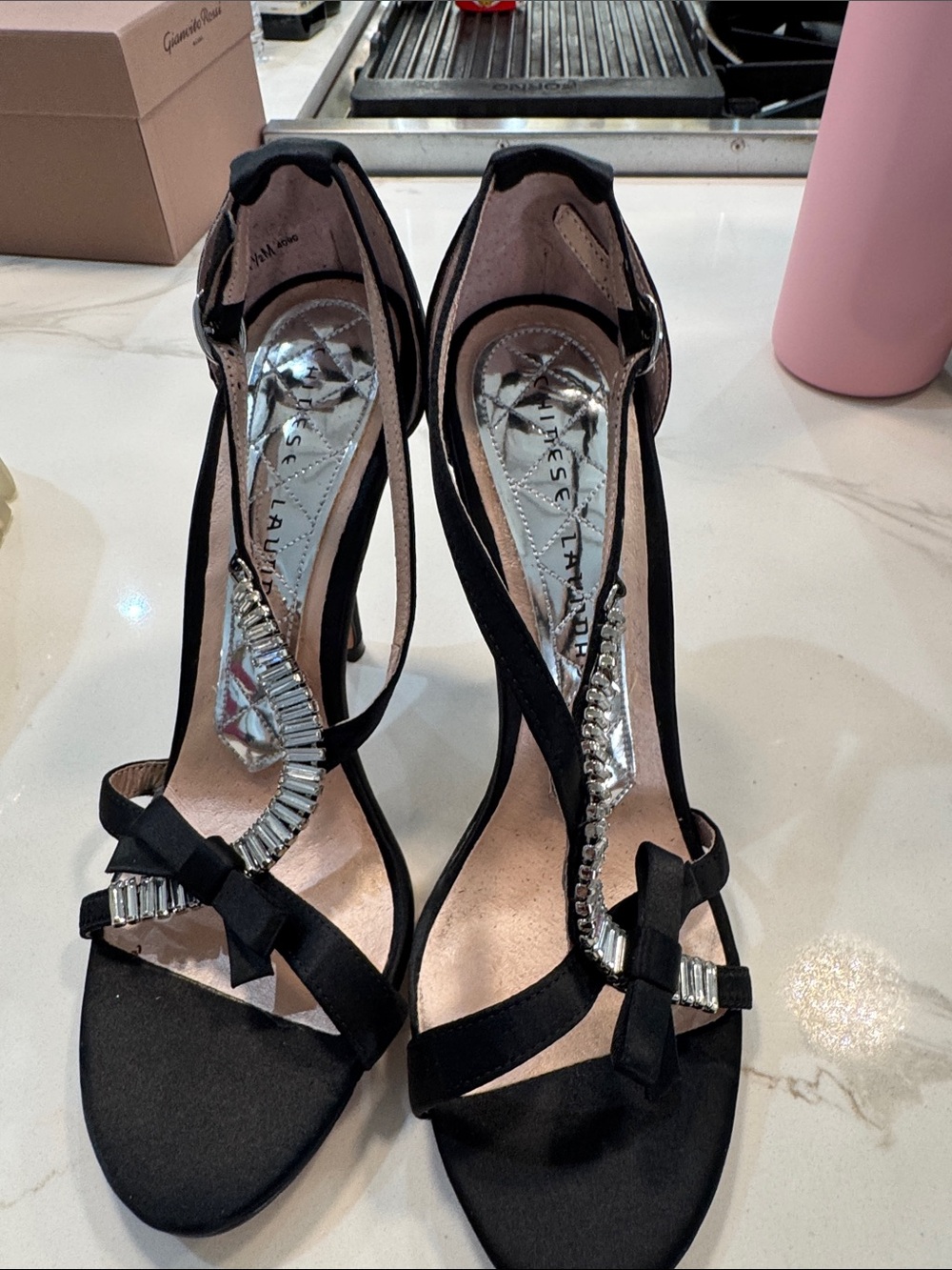 Jessica Black Satin Crystal-Embellished Strappy Heels